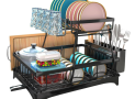 Escorredor de Louças, Organização de Cozinha 2 Camadas, Inox Escorredor de louça com Bandeja, Suspenso Modular Porta Talheres, Destacável Suporte de Copos, Cozinha Bancada Pia Preto