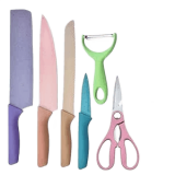 Conjunto Jogo Facas Coloridas 6 Peças Inox Kit Culinário Faqueiro Cozinha Churrasco Descascador Tesoura Multifuncional Gourmet Design Premium