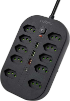 Extensão Tomada, Régua Tomada, Régua de Energia, 10 Tomadas, 3 Interfaces USB, 1 Porta USB Tipo-C, Cabo de Alimentação de 1,9 metros, Suporte a Tensão de 110-220V, Potência de 2500W, Preto