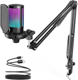 FIFINE Gaming PC Microfone USB, Microfone Condensador para Podcast com Braço,Filtro Pop,Botão Mudo para Streaming,Twitch,Chat Online,Mic RGB para Computador para PS4/5 y Jogadores e Youtuber-A6T