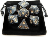 Kit 7 Dados RPG de Mesa D&D Opaco Perolado D4 D6 D8 D10 D10% D12 D20 Cor PRETO ROYAL + 1 Bolsa