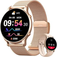 Smartwatch Feminino 1.32″ Full Touch, IP68 à Prova d’Água, Ligações Bluetooth, 100+ Modos Esportivos, Notificações Inteligentes, Assistente de Voz, Compatível com iOS/Android, Inclui 2 Pulseiras, Ouro